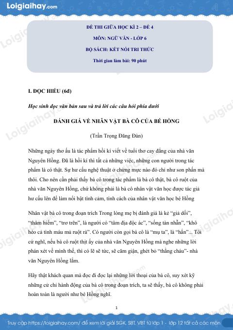 Đề thi giữa kì 2 Văn 6 Chân trời sáng tạo - Đề số 7